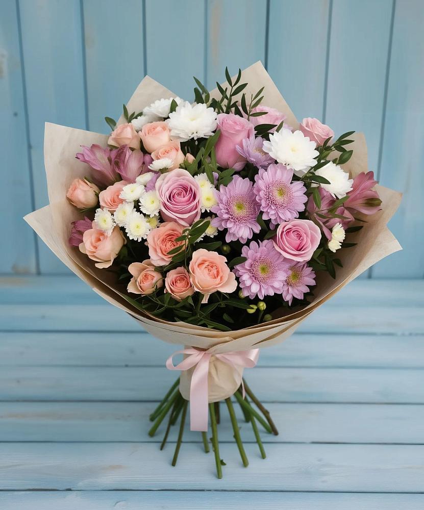 Букет цветов из: Хризантемы, Розы и Альстромерии в Краснотуранске