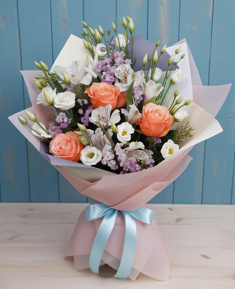 Букет цветов из: Лизиантусы, Розы, Альстромерии и Гипсофила в Краснотуранске