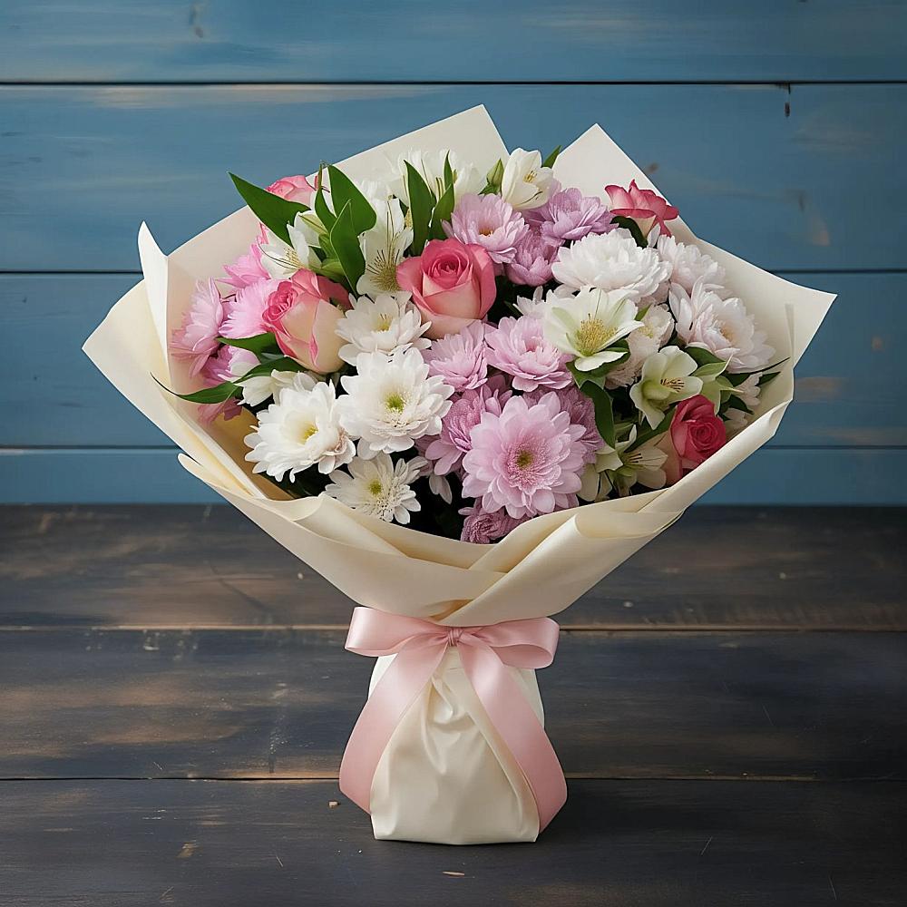 Букет цветов из: Хризантемы, Альстромерии и Розы в Краснотуранске